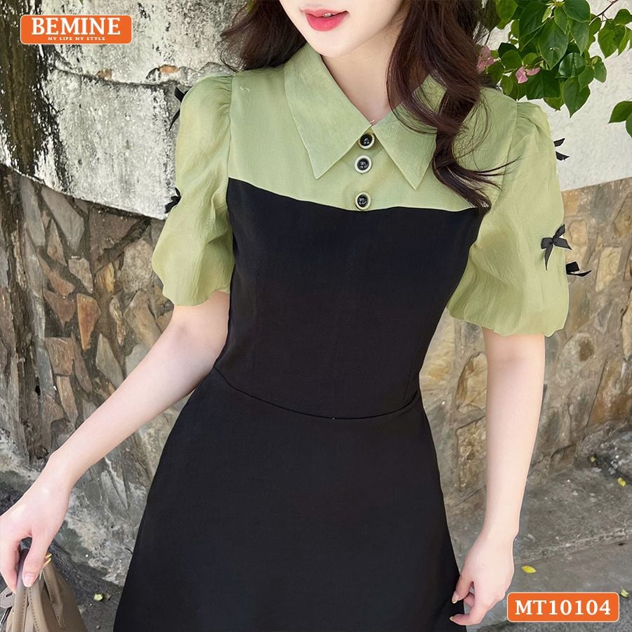 Đầm thiết kế BEMINE cổ đức tay phồng đính nơ dáng chữ A phù hợp đi làm, đi chơi-MT10104