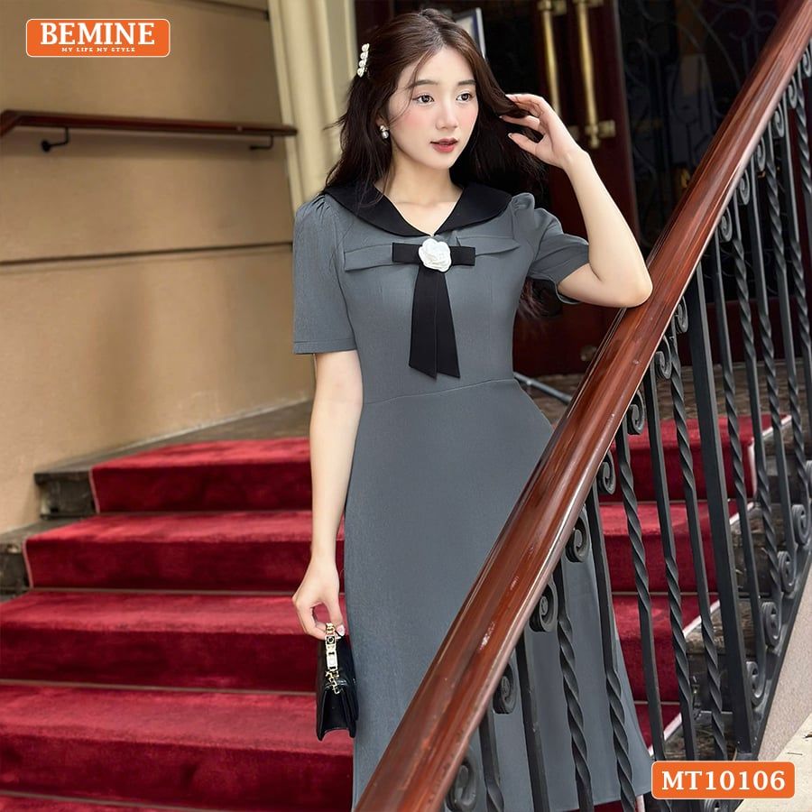 Đầm thiết kế BEMINE cổ V phối nơ đính hoa dáng chữ A phù hợp đi làm-MT10106