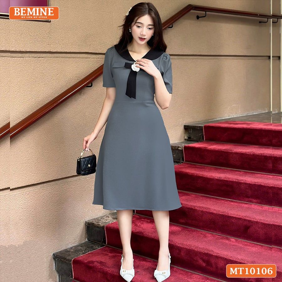 Đầm thiết kế BEMINE cổ V phối nơ đính hoa dáng chữ A phù hợp đi làm-MT10106