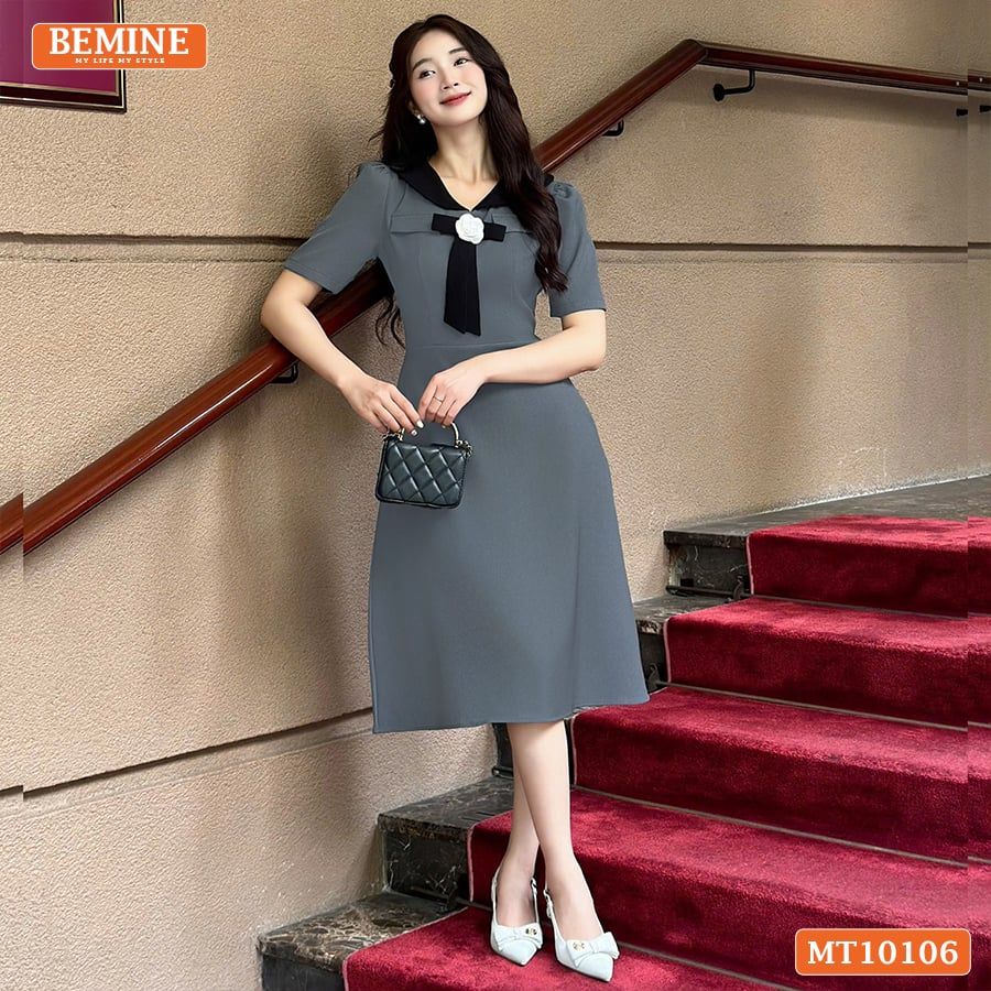 Đầm thiết kế BEMINE cổ V phối nơ đính hoa dáng chữ A phù hợp đi làm-MT10106