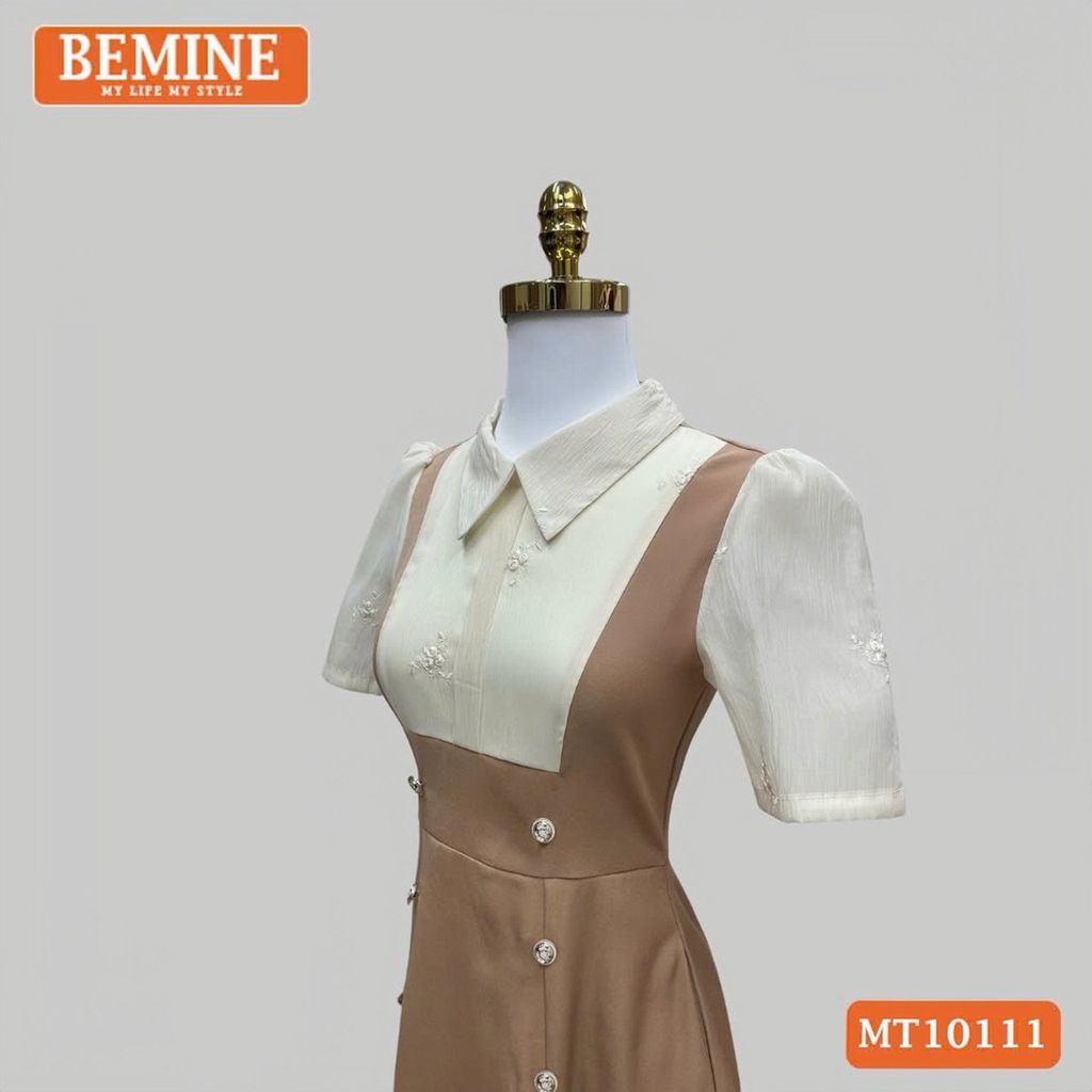 Đầm thiết kế BEMINE cổ sơ mi giả yếm dáng chữ A đính cúc phù hợp đi làm, đi dạo phố-MT10111