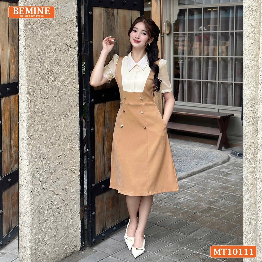 Đầm thiết kế BEMINE cổ sơ mi giả yếm dáng chữ A đính cúc phù hợp đi làm, đi dạo phố-MT10111