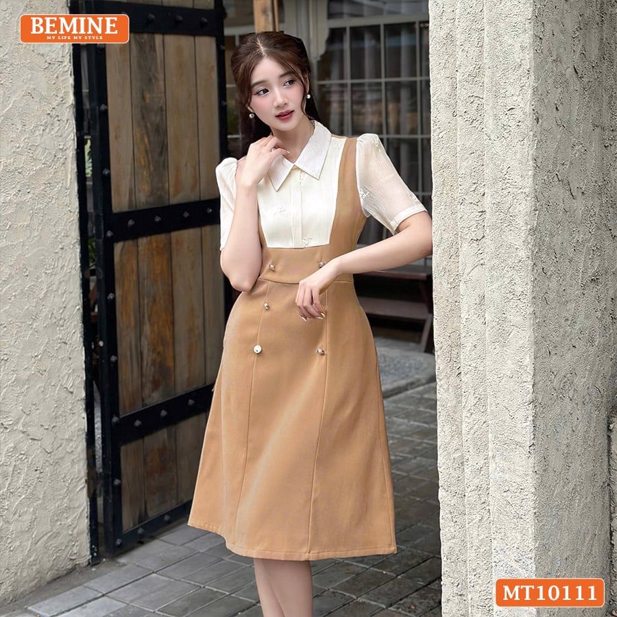 Đầm thiết kế BEMINE cổ sơ mi giả yếm dáng chữ A đính cúc phù hợp đi làm, đi dạo phố-MT10111