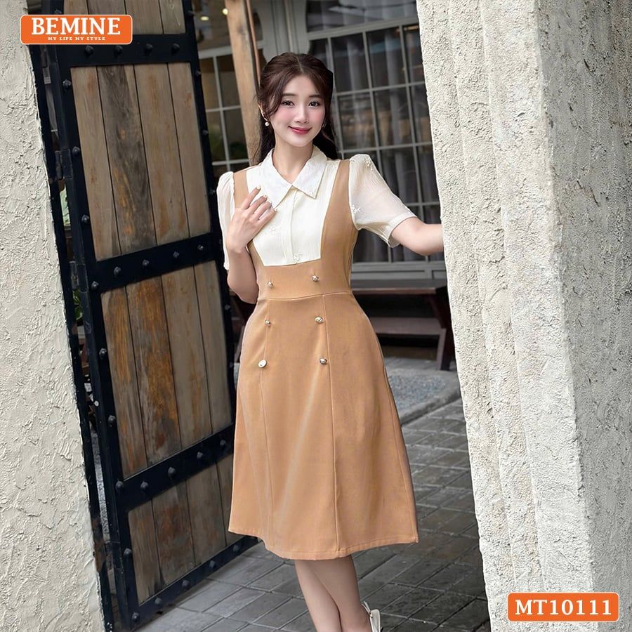 Đầm thiết kế BEMINE cổ sơ mi giả yếm dáng chữ A đính cúc phù hợp đi làm, đi dạo phố-MT10111