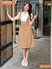 Đầm thiết kế BEMINE cổ sơ mi giả yếm dáng chữ A đính cúc phù hợp đi làm, đi dạo phố-MT10111