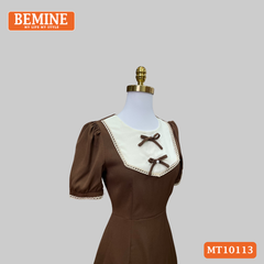 Đầm thiết kế BEMINE cổ tròn đính nơ phối viền ren dáng chữ A phù hợp đi làm, đi chơi-MT10113