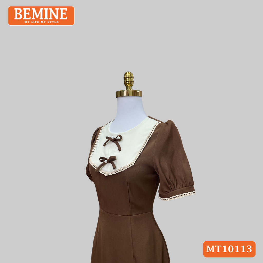 Đầm thiết kế BEMINE cổ tròn đính nơ phối viền ren dáng chữ A phù hợp đi làm, đi chơi-MT10113