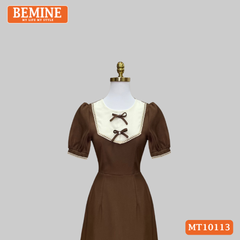 Đầm thiết kế BEMINE cổ tròn đính nơ phối viền ren dáng chữ A phù hợp đi làm, đi chơi-MT10113