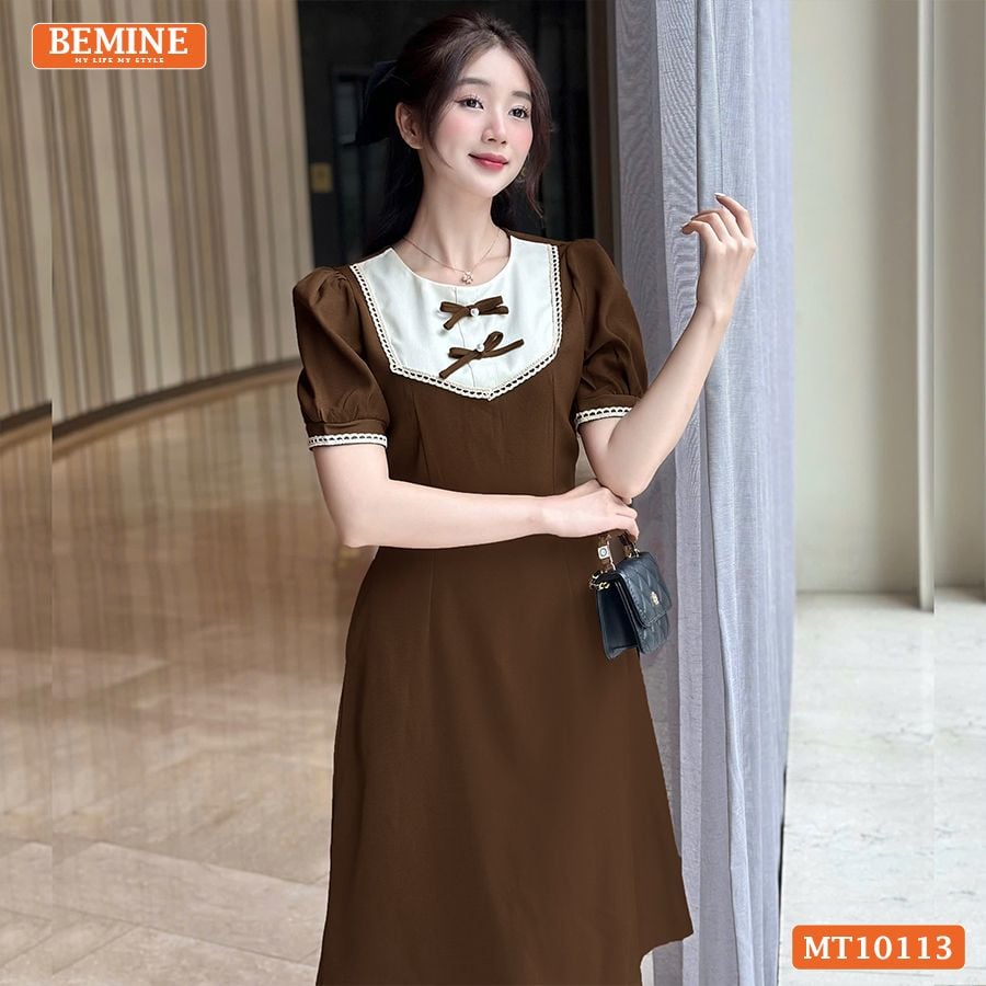 Đầm thiết kế BEMINE cổ tròn đính nơ phối viền ren dáng chữ A phù hợp đi làm, đi chơi-MT10113