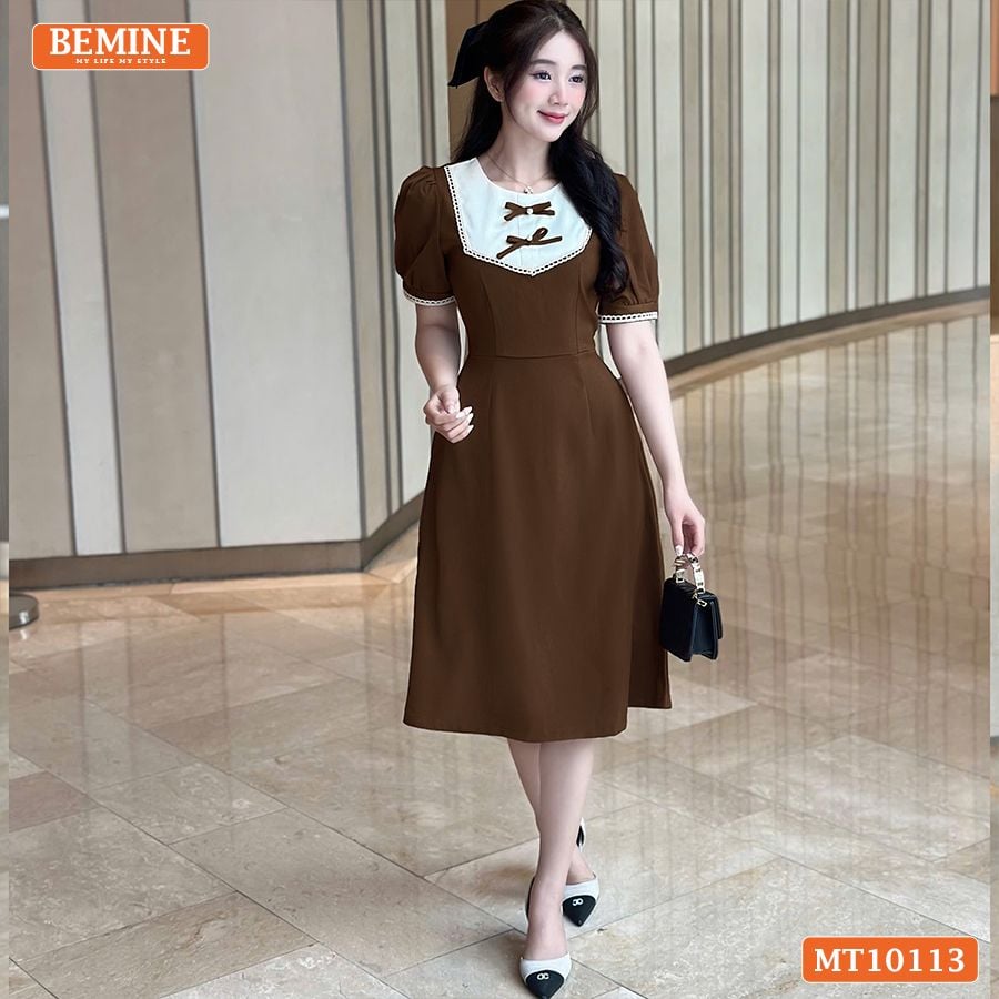 Đầm thiết kế BEMINE cổ tròn đính nơ phối viền ren dáng chữ A phù hợp đi làm, đi chơi-MT10113