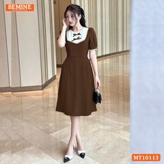 Đầm thiết kế BEMINE cổ tròn đính nơ phối viền ren dáng chữ A phù hợp đi làm, đi chơi-MT10113