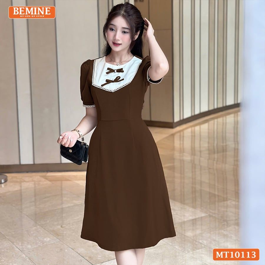 Đầm thiết kế BEMINE cổ tròn đính nơ phối viền ren dáng chữ A phù hợp đi làm, đi chơi-MT10113