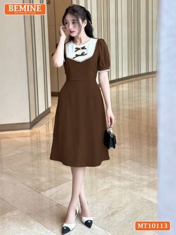 Đầm thiết kế BEMINE cổ tròn đính nơ phối viền ren dáng chữ A phù hợp đi làm, đi chơi-MT10113