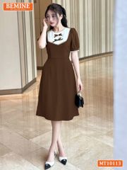 Đầm thiết kế BEMINE cổ tròn đính nơ phối viền ren dáng chữ A phù hợp đi làm, đi chơi-MT10113