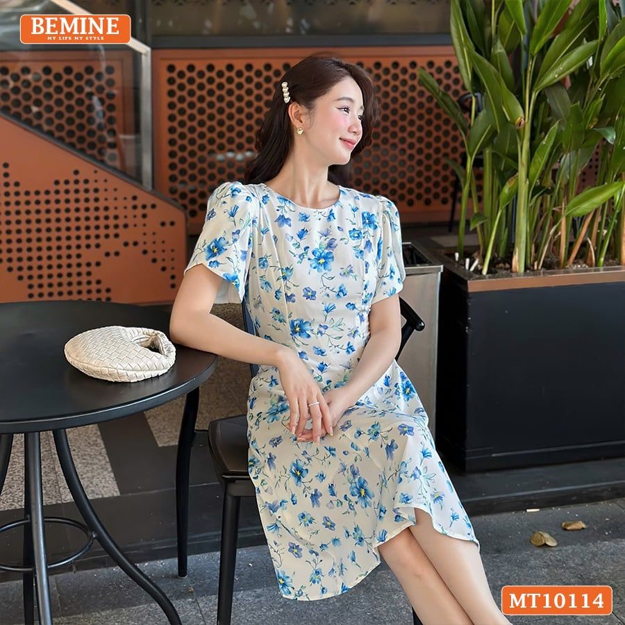 Đầm thiết kế BEMINE cổ tròn dáng chữ A in hoa MT10114