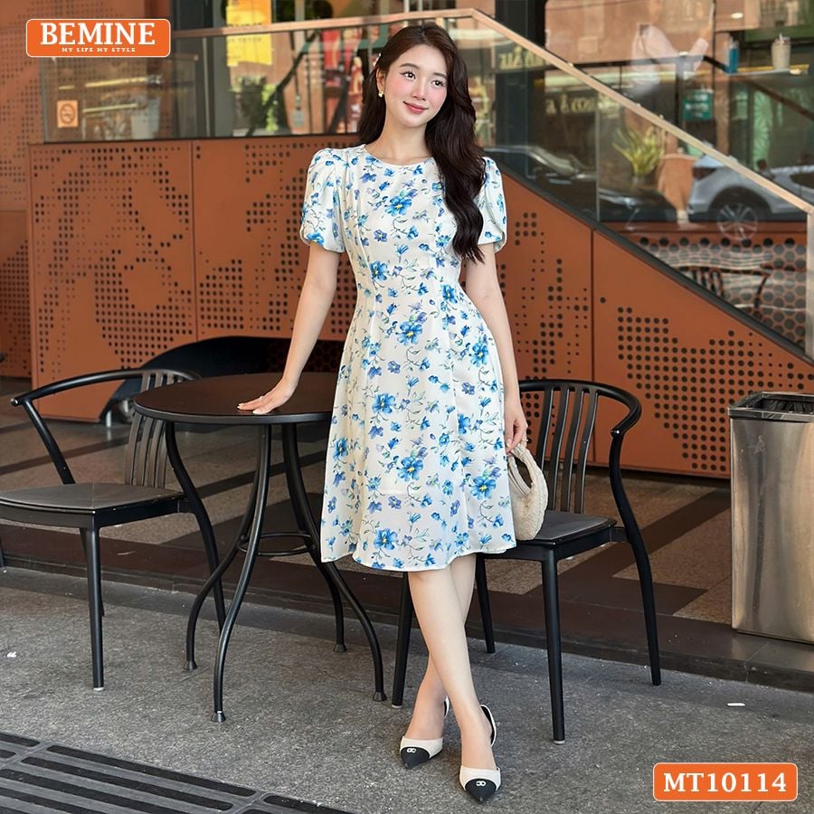 Đầm thiết kế BEMINE cổ tròn dáng chữ A in hoa MT10114