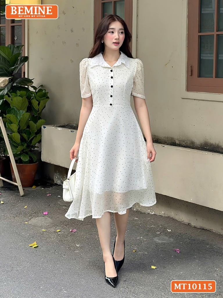 Đầm thiết kế BEMINE cổ sơ mi có cúc dáng chữ A chấm bi phù hợp đi làm, đi chơi-MT10115