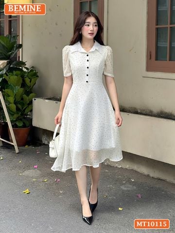 Đầm thiết kế BEMINE cổ sơ mi có cúc dáng chữ A chấm bi phù hợp đi làm, đi chơi-MT10115