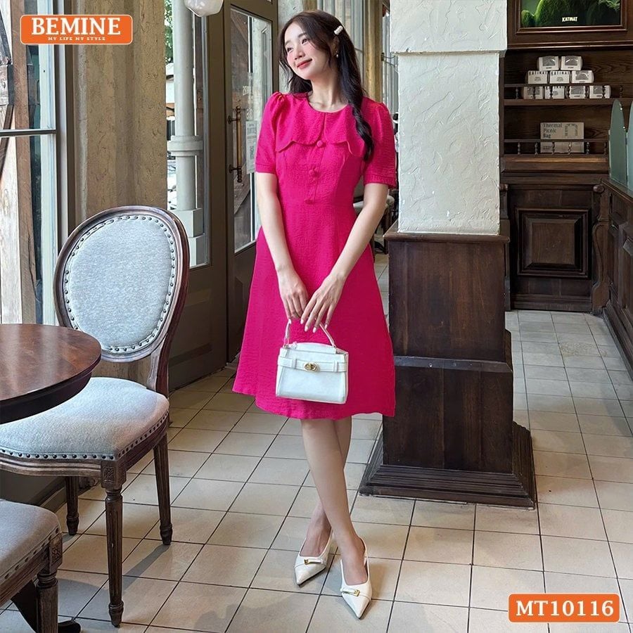 Đầm thiết kế BEMINE cổ tròn vạt giả đính cúc dáng chữ A phù hợp đi làm, đi chơi-MT10116