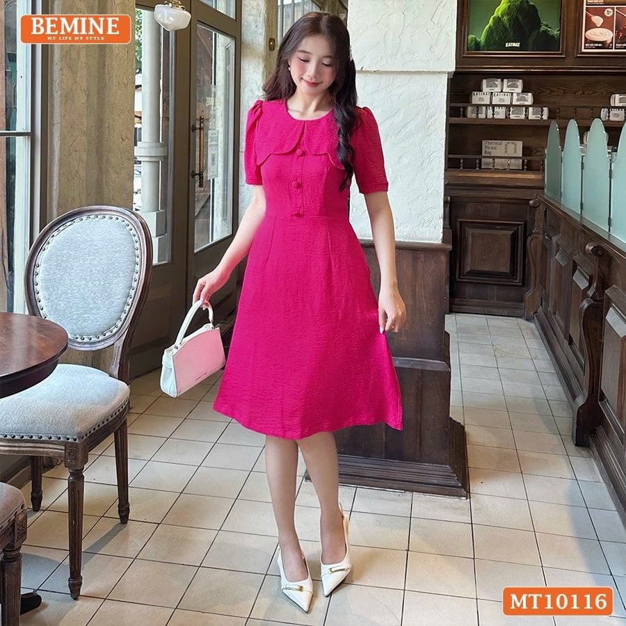 Đầm thiết kế BEMINE cổ tròn vạt giả đính cúc dáng chữ A phù hợp đi làm, đi chơi-MT10116