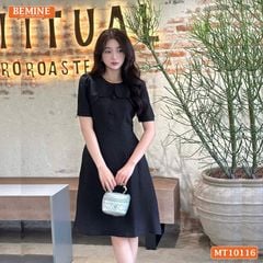 Đầm thiết kế BEMINE cổ tròn vạt giả đính cúc dáng chữ A phù hợp đi làm, đi chơi-MT10116