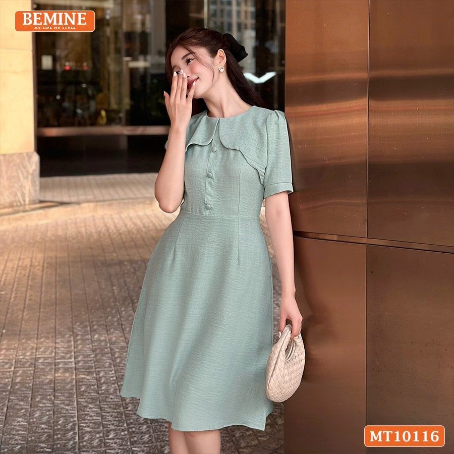 Đầm thiết kế BEMINE cổ tròn vạt giả đính cúc dáng chữ A phù hợp đi làm, đi chơi-MT10116