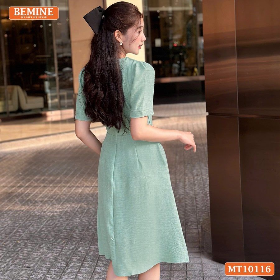 Đầm thiết kế BEMINE cổ tròn vạt giả đính cúc dáng chữ A phù hợp đi làm, đi chơi-MT10116
