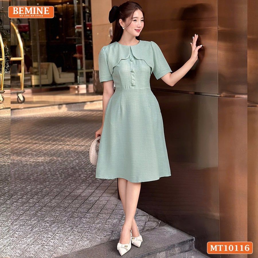 Đầm thiết kế BEMINE cổ tròn vạt giả đính cúc dáng chữ A phù hợp đi làm, đi chơi-MT10116