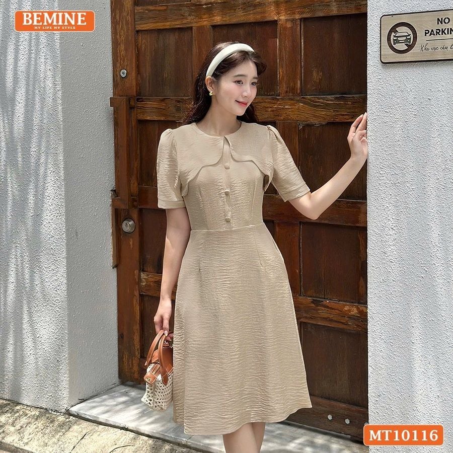 Đầm thiết kế BEMINE cổ tròn vạt giả đính cúc dáng chữ A phù hợp đi làm, đi chơi-MT10116
