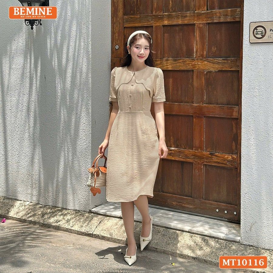 Đầm thiết kế BEMINE cổ tròn vạt giả đính cúc dáng chữ A phù hợp đi làm, đi chơi-MT10116