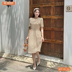 Đầm thiết kế BEMINE cổ tròn vạt giả đính cúc dáng chữ A phù hợp đi làm, đi chơi-MT10116