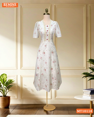Đầm thiết kế BEMINE cổ vuông viền ren đính cúc dáng chữ A phù hợp đi làm, đi chơi-MT10118