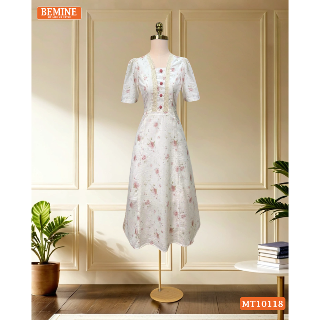 Đầm thiết kế BEMINE cổ vuông viền ren đính cúc dáng chữ A phù hợp đi làm, đi chơi-MT10118