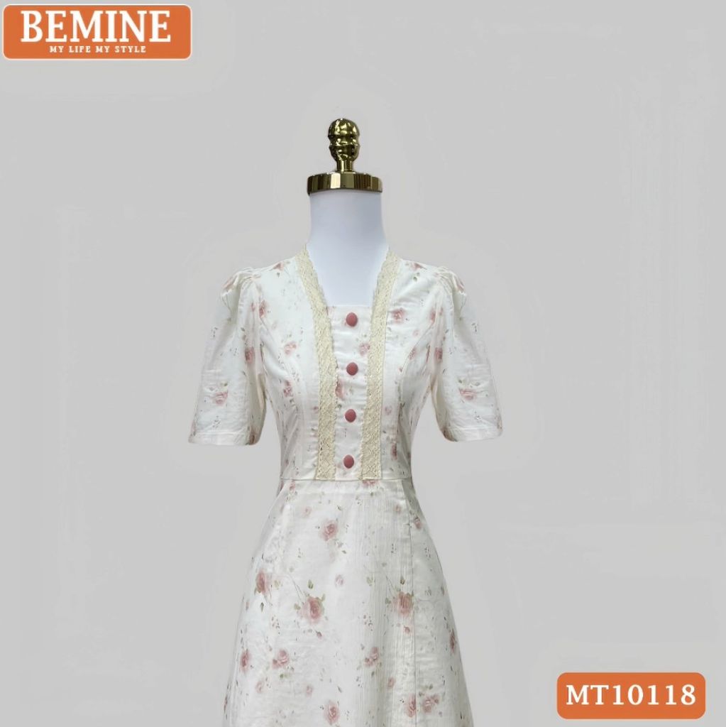 Đầm thiết kế BEMINE cổ vuông viền ren đính cúc dáng chữ A phù hợp đi làm, đi chơi-MT10118