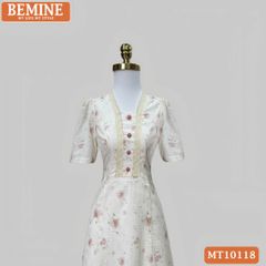 Đầm thiết kế BEMINE cổ vuông viền ren đính cúc dáng chữ A phù hợp đi làm, đi chơi-MT10118