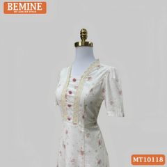 Đầm thiết kế BEMINE cổ vuông viền ren đính cúc dáng chữ A phù hợp đi làm, đi chơi-MT10118