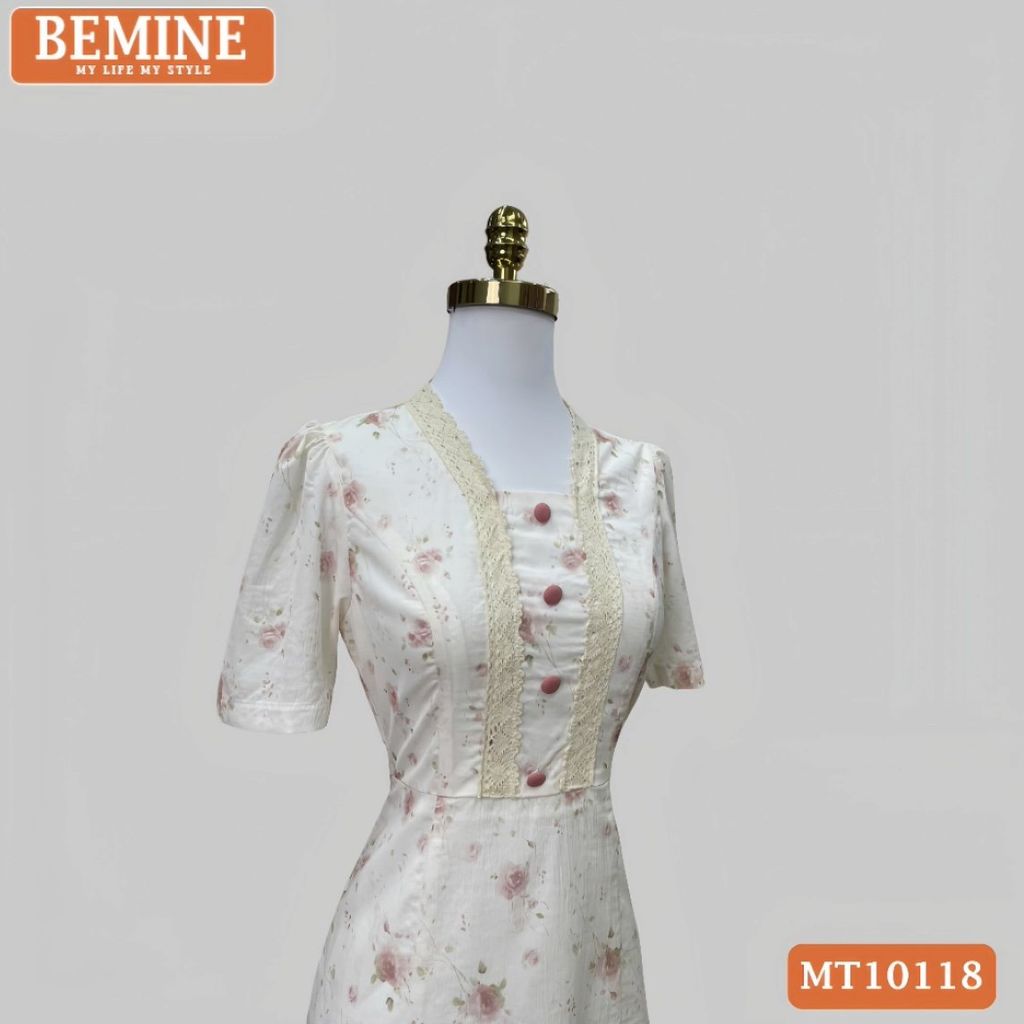 Đầm thiết kế BEMINE cổ vuông viền ren đính cúc dáng chữ A phù hợp đi làm, đi chơi-MT10118