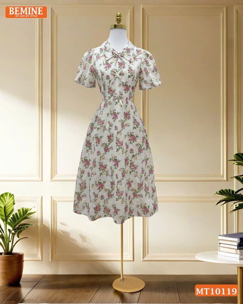 Đầm thiết kế BEMINE cổ V đính nơ dáng chữ A phù hợp đi làm, đi chơi-MT10119