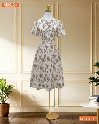 Đầm thiết kế BEMINE cổ V đính nơ dáng chữ A phù hợp đi làm, đi chơi-MT10119