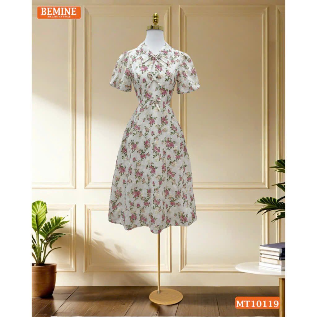 Đầm thiết kế BEMINE cổ V đính nơ dáng chữ A phù hợp đi làm, đi chơi-MT10119