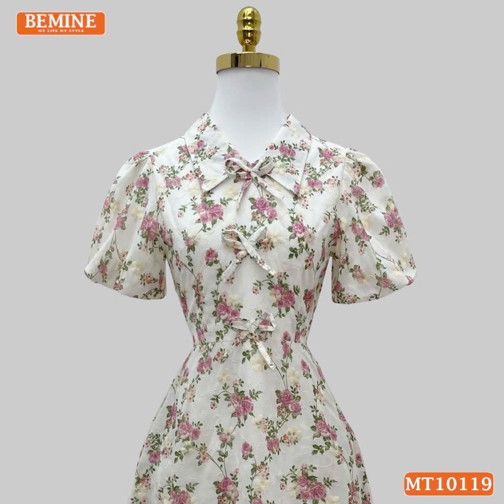 Đầm thiết kế BEMINE cổ V đính nơ dáng chữ A phù hợp đi làm, đi chơi-MT10119