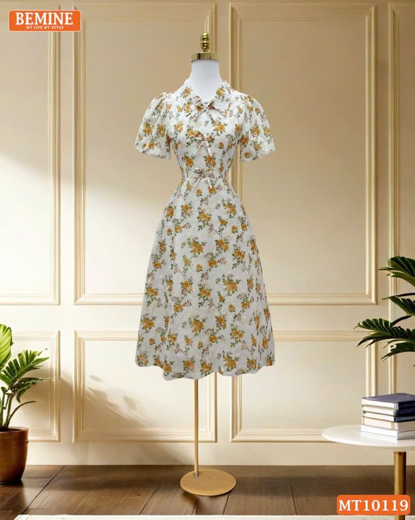 Đầm thiết kế BEMINE cổ V đính nơ dáng chữ A phù hợp đi làm, đi chơi-MT10119