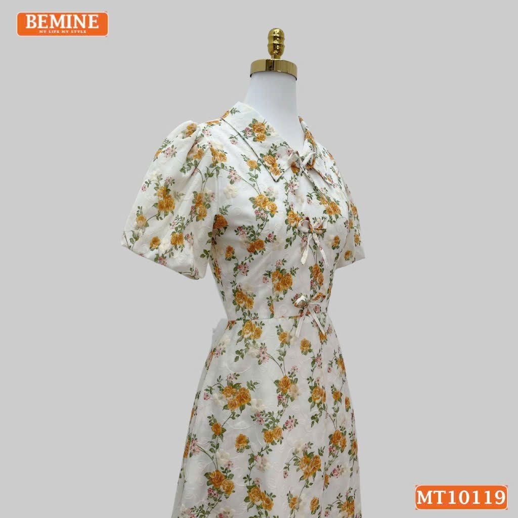Đầm thiết kế BEMINE cổ V đính nơ dáng chữ A phù hợp đi làm, đi chơi-MT10119