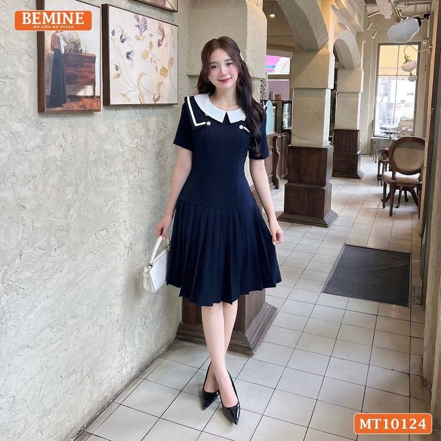 Đầm thiết kế BEMINE cổ tròn vạt viền dáng chữ A có xếp ly phù hợp đi làm, đi chơi-MT10124