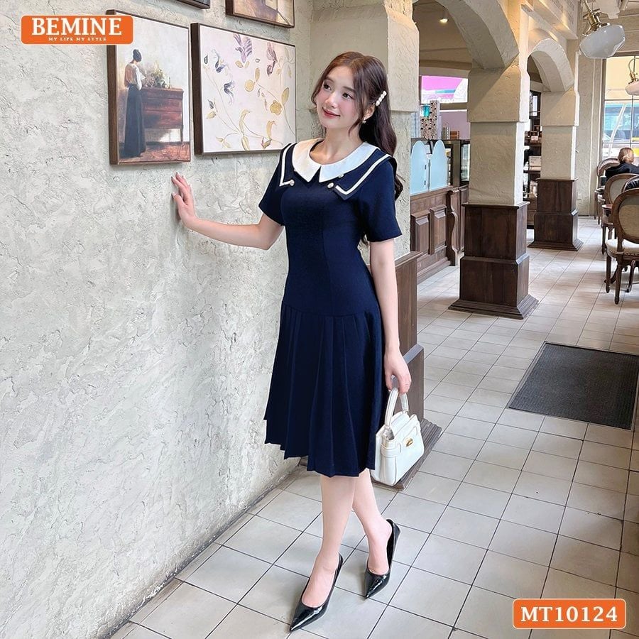 Đầm thiết kế BEMINE cổ tròn vạt viền dáng chữ A có xếp ly phù hợp đi làm, đi chơi-MT10124