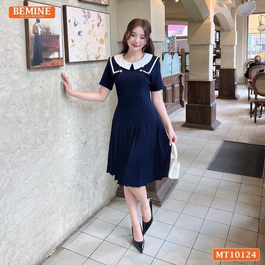 Đầm thiết kế BEMINE cổ tròn vạt viền dáng chữ A có xếp ly phù hợp đi làm, đi chơi-MT10124