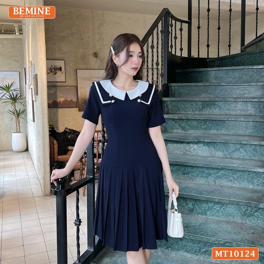 Đầm thiết kế BEMINE cổ tròn vạt viền dáng chữ A có xếp ly phù hợp đi làm, đi chơi-MT10124