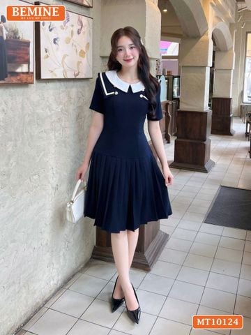 Đầm thiết kế BEMINE cổ tròn vạt viền dáng chữ A có xếp ly phù hợp đi làm, đi chơi-MT10124