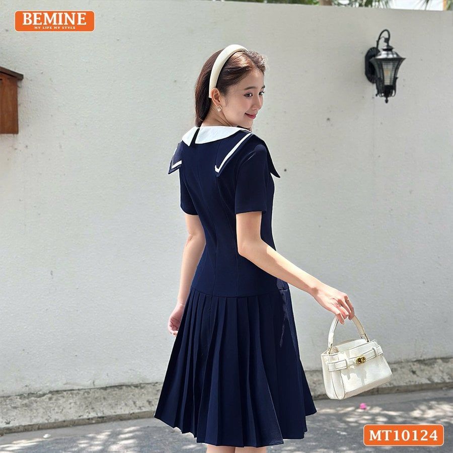 Đầm thiết kế BEMINE cổ tròn vạt viền dáng chữ A có xếp ly phù hợp đi làm, đi chơi-MT10124