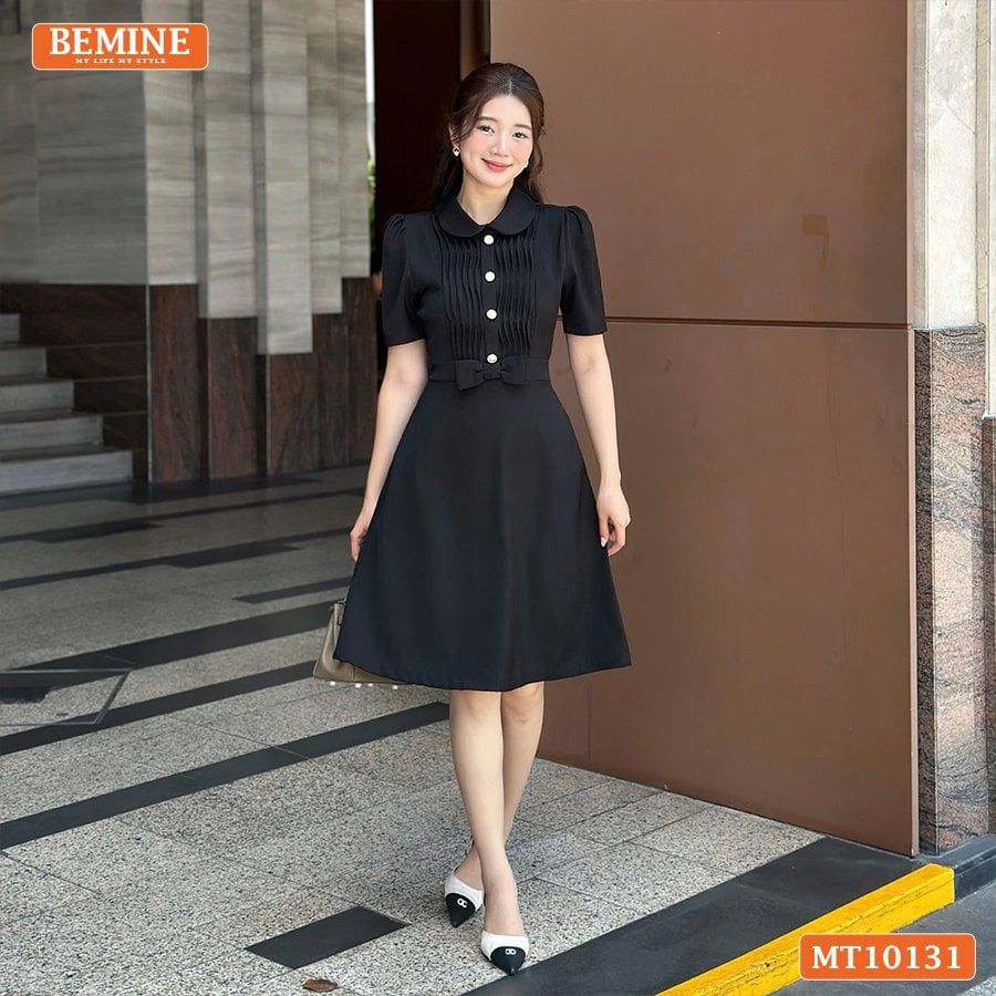 Đầm thiết kế BEMINE cổ sen xếp ly ngực có nơ eo dáng chữ A MT10131